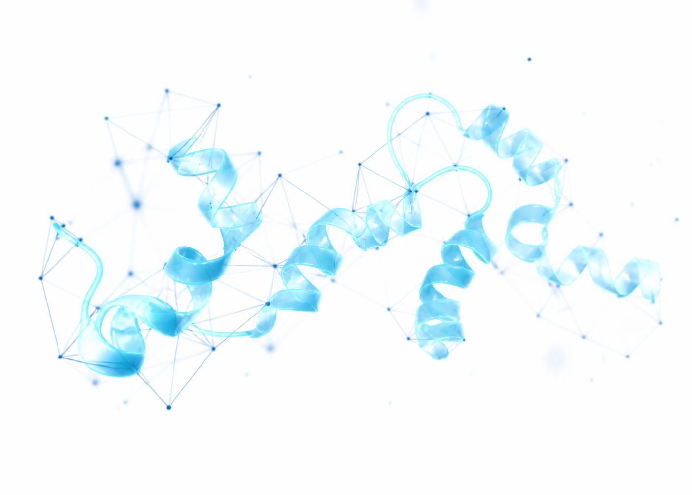 Cyan peptide ribbon structure over a white lattice