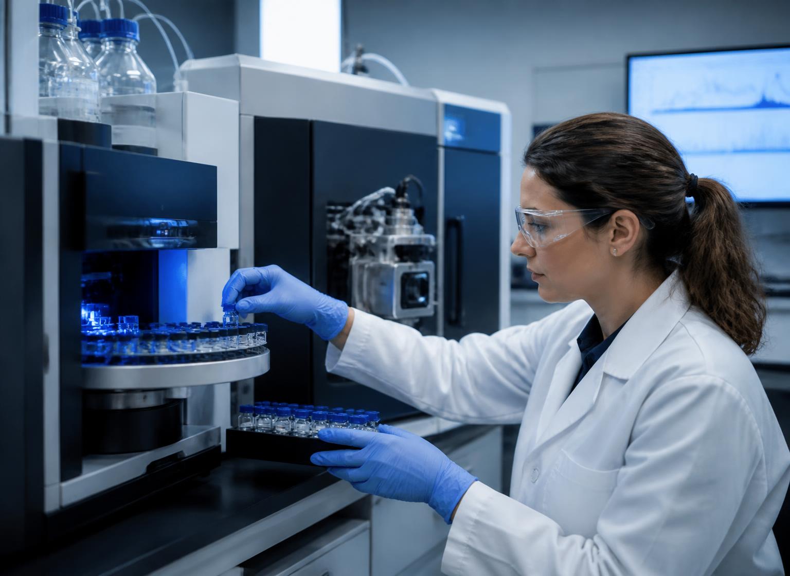 Scientist loading peptide samples into analytical testing equipment